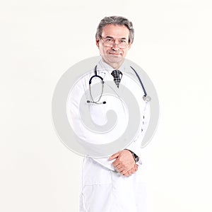 In full growth.experienced physician with stethoscope .isolated on white background