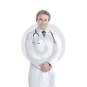 In full growth.experienced physician with stethoscope .isolated on white background