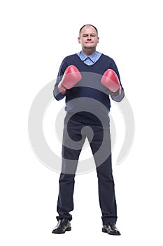 in full growth. Mature man in Boxing gloves.