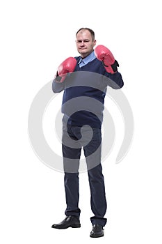 in full growth. Mature man in Boxing gloves.