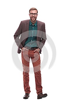 In full growth. serious hipster man with glasses. isolated on white