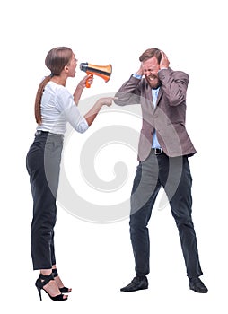 In full growth. young businesswoman shouting through a megaphone.