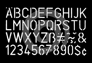 Full grunge style stencil alphabet and number on black background