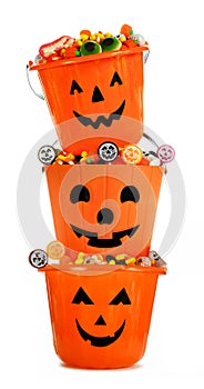 Full Halloween Jack o Lantern candy holders stacked over white