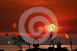 Full Halloween Moon on night sky back silhouette tree and spirits on island ghosts