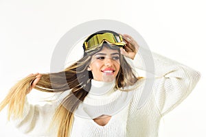 Full of happiness. Feeling cozy. Happy winter holidays. Winter sport and activity. Girl in ski or snowboard wear.