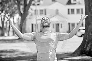 full of happiness. real estate agent at house for sale. realtor welcoming visitors.