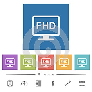 Full HD display flat white icons in square backgrounds