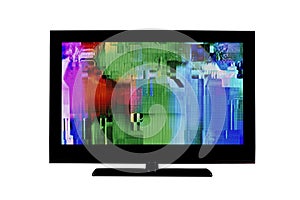 Full hd monitor or television with digital glitches, distort.ions on the screen isolated on white background