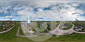 full hdri 360 panorama aerial view of neo gothic catholic church in countryside in equirectangular projection with zenith and
