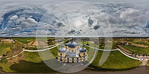 full hdri 360 panorama aerial view of orthodox church and monastery in countryside in equirectangular projection with zenith and