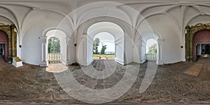 full hdri 360 panorama of entrance hall near old door of portugese catholic church in jungle in equirectangular projection with