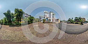 full hdri 360 panorama of modern catholic church in jungle among palm trees in Indian tropic village in equirectangular projection