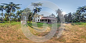 full hdri 360 panorama of portugal catholic church in jungle among palm trees in Indian tropic village in equirectangular