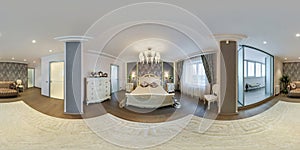 Full hdri 360 panorama view in bedroom room in luxury elite vip expensive hotel or apartment  in equirectangular seamless