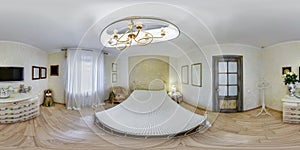 Full hdri 360 panorama view in bedroom room in luxury elite vip expensive hotel or apartment  in equirectangular seamless