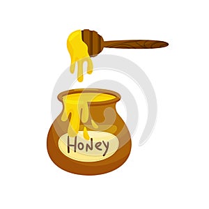 Full honey pot with a spoon. Vector illustration on white background.