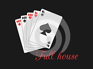 Full house playing cards, hearts and spades suit. Poker hand. Vector