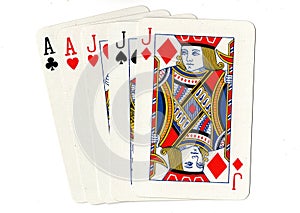 A full house poker hand of playing cards.