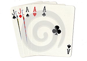 A full house poker hand of playing cards.