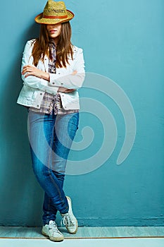 Full leg fashion portrait of young model in american country st