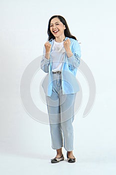full leght shoot of happy asian Indonesian woman wearing casual attire on isolated background photo