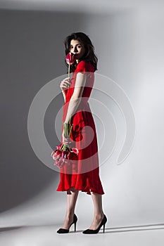 Full lengt profile image of a young woman in red dress holding a bouquet of tulips and spins, isolated grey background.