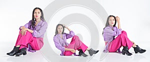 Full length 20s Asian business office Woman wear formal casual pink purple dress shoes. Black long straight hair female feel happy