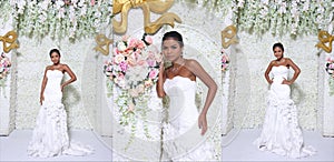 Full length 20s Tanned skin Asian Bride wear white wedding gown dress with lace veil, black hair