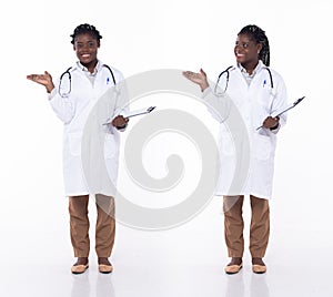 Full length 20s young African American Woman Medical Healthcare Doctor, showing empty palm