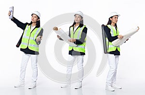 Full length 20s young Asian Woman client engineer architect, working hard thinking