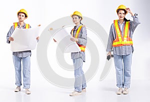 Full length 20s young Mix Race engineer contractor Woman, looking working hard