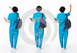 Full length 30s 40s Asian Woman Nurse with glasses, pointing finger up in Air
