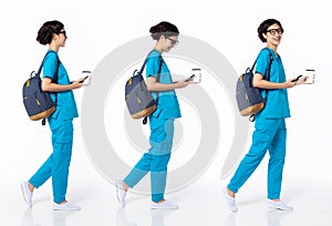 Full length 30s 40s Asian Woman Nurse with glasses, walking forward left right