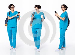 Full length 30s 40s Asian Woman Nurse with glasses, working hard thinking