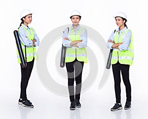 Full length 30s Asian Woman engineer architect business client, cross arms confident