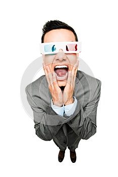 full length asian businessman wearing 3d glasses movie white background