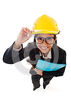 Full length of asian smiling woman architect in eyeglasses holding clipboard. Fun high angle view, isolated