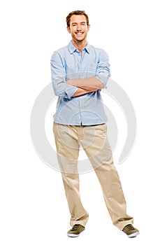 Full length of attractive young man in casual clothing white background photo