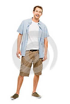 Full length attractive young man in casual clothing white background