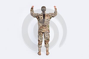 Full length back rear view photo of young woman soldier anonym show hand biceps power isolated over white color