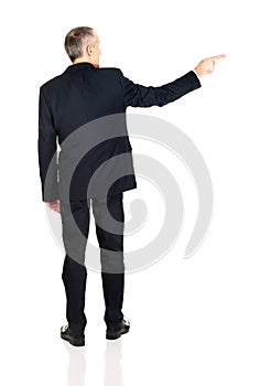 Full length back view businessman pointing right