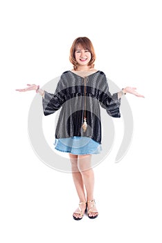 Full length of beautiful middle aged asian woman smiling over white background