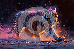 Full-length Bengal tiger side view running in a dirt field under the night sky at the Holi Festival of Colors in India