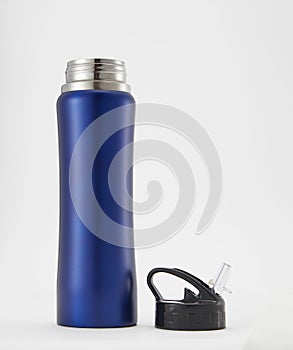 Full length blue color aluminium waterbottle.