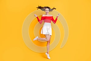 Full length body size photo of pretty girl wearing white skirt red off-shoulders top smiling isolated on bright yellow