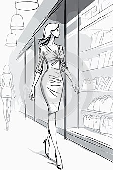 Full length body size portrait of trendy stylish elegant chic lady, Women shopping in boutique store, mall.