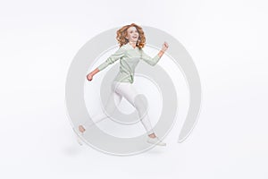 Full length body size side profile photo young woman red hair jumping high running on sale  white color