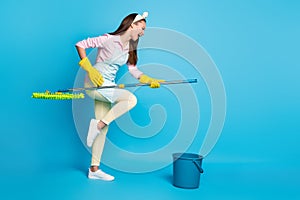 Full length body size view of her she nice attractive lovely funny funky cheerful cheery girl using mop like playing