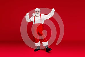 Full length body size view of his he handsome cheery bearded Santa hipster dancing having fun festive carnival newyear